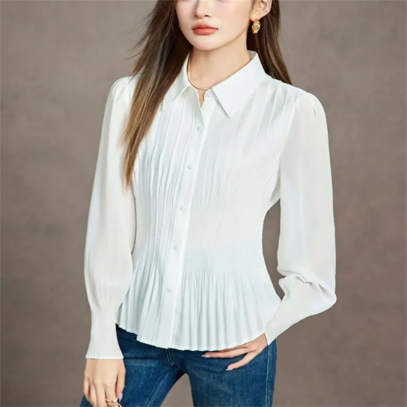 Ladies White Shirt Waist Cinching Top Vertical Pleated Blouse Long-sleeved Chiffon Shirts POLO Button Up Shirt Female Blous