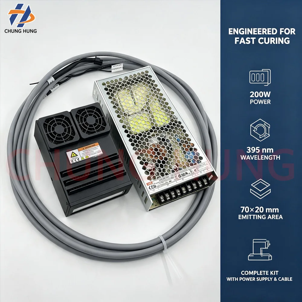 Fan‑Cooled UV Curing LED Light 395nm, 70*20mm 200W UV Ink Fast Drying Lamp, Full Set for 6090 Flatbed Printer XP600 TX800 DX5