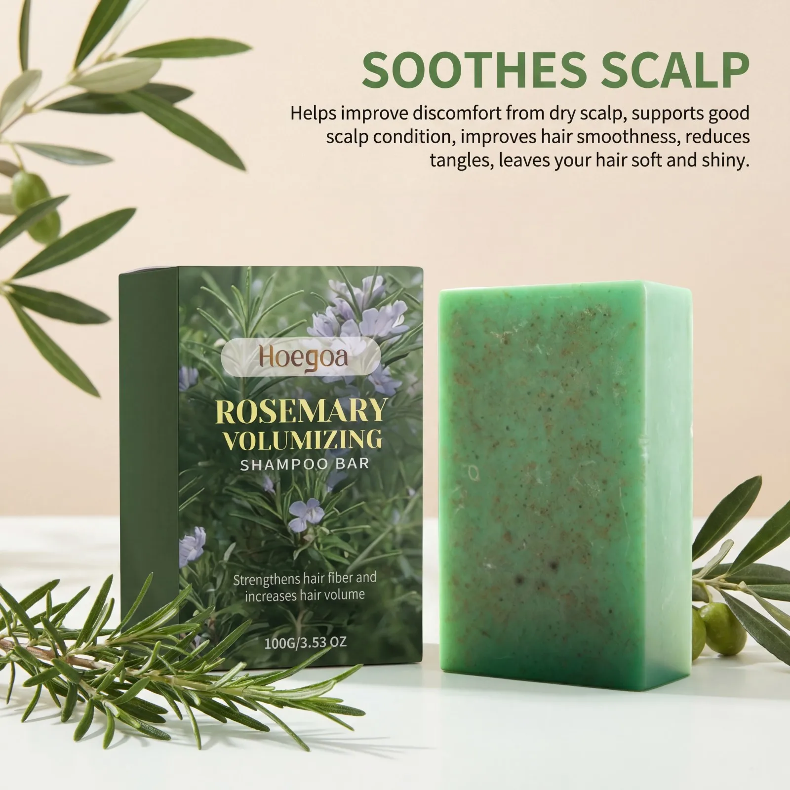 Rosemary Volumizing Shampoo Bar Gentle Cleansing Soothe Scalp Natural Oils Strengthen Hair Frizz Control Smooth Shiny 100g