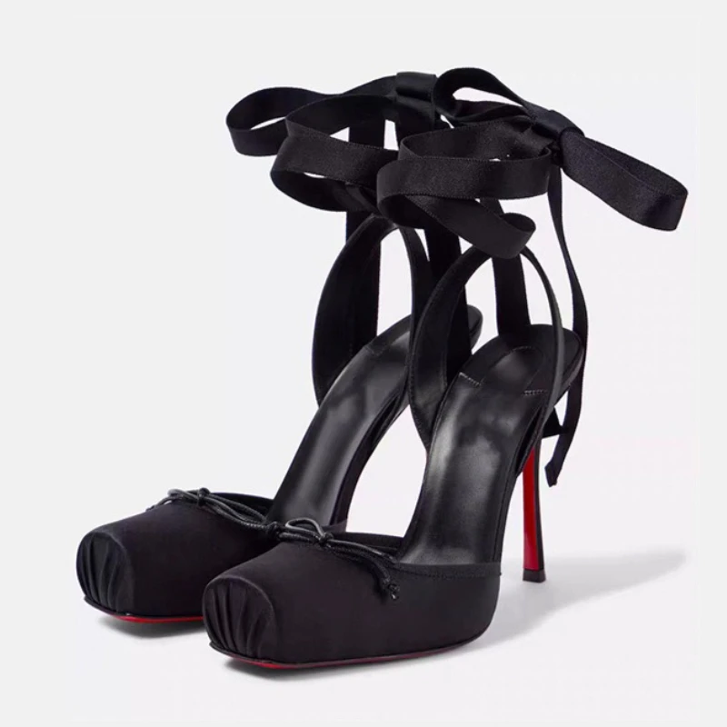 Novelty Bowknot Ankle Lace Up Design Women Pumps Fashion Square Toe Thin High Heeled Banquet Heels Luxury Party Dress Dance Shoe