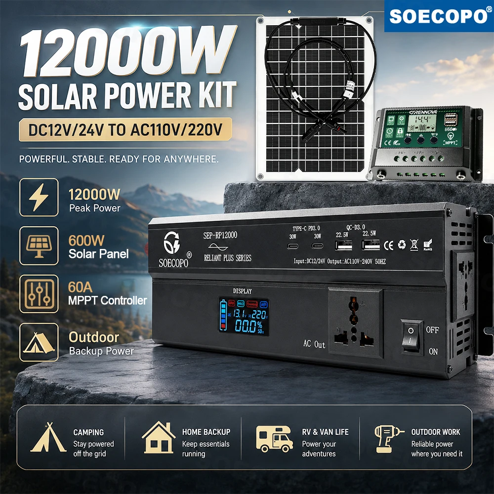 12000W Off Grid Energy System 600W Solar Panel SOECOPO Power Inverter 12V 24V to 110V 220V 60A MPPT Controller for Outdoor Work