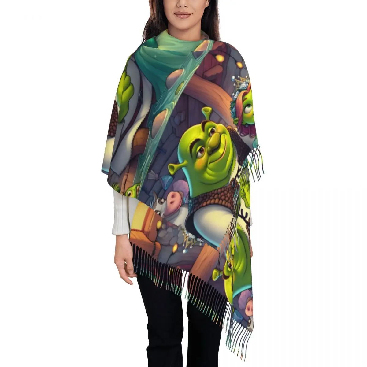

Забавный шарф с принтом Фиона и Шрек на заказ для женщин и мужчин, зимние теплые шарфы, шали с героями мультфильмов, аниме, накидки