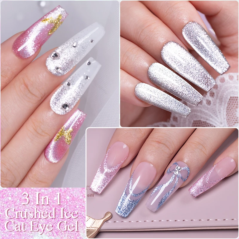 7.5ml 3 em 1 platina gato gel magnético unha polonês diamante reflexivo glitter olho de gato gel embeber fora verniz semi-permanente