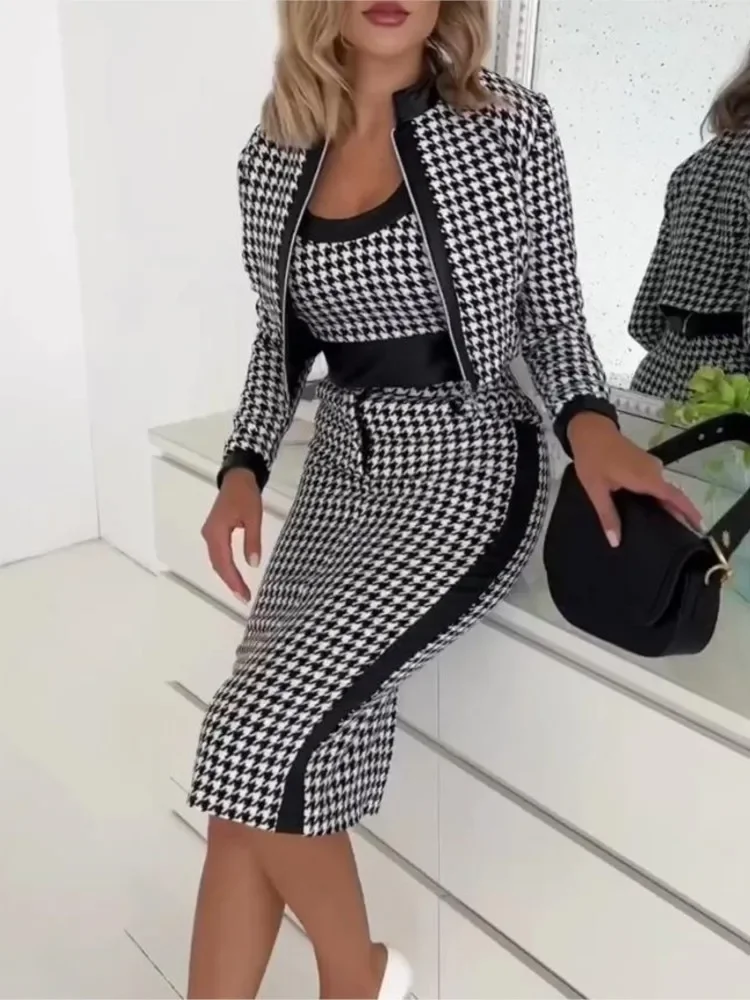 

Spring Autumn Jacket Camis Dress Set Office Lady Long Sleeve Outerwear Print Camis Dress Three Piece Set Women Outfit 2023