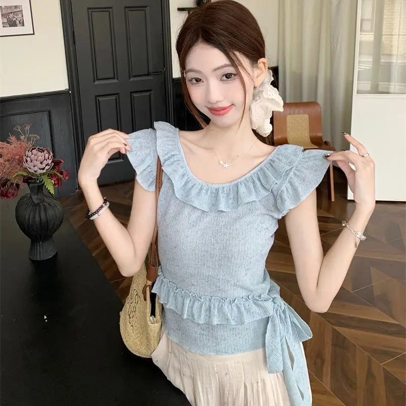 Korean Fashion Sweet Style Niche Ruffled Irregular Ribbon T-shirt 2026 Summer Slim Fit Versatile Top Ins