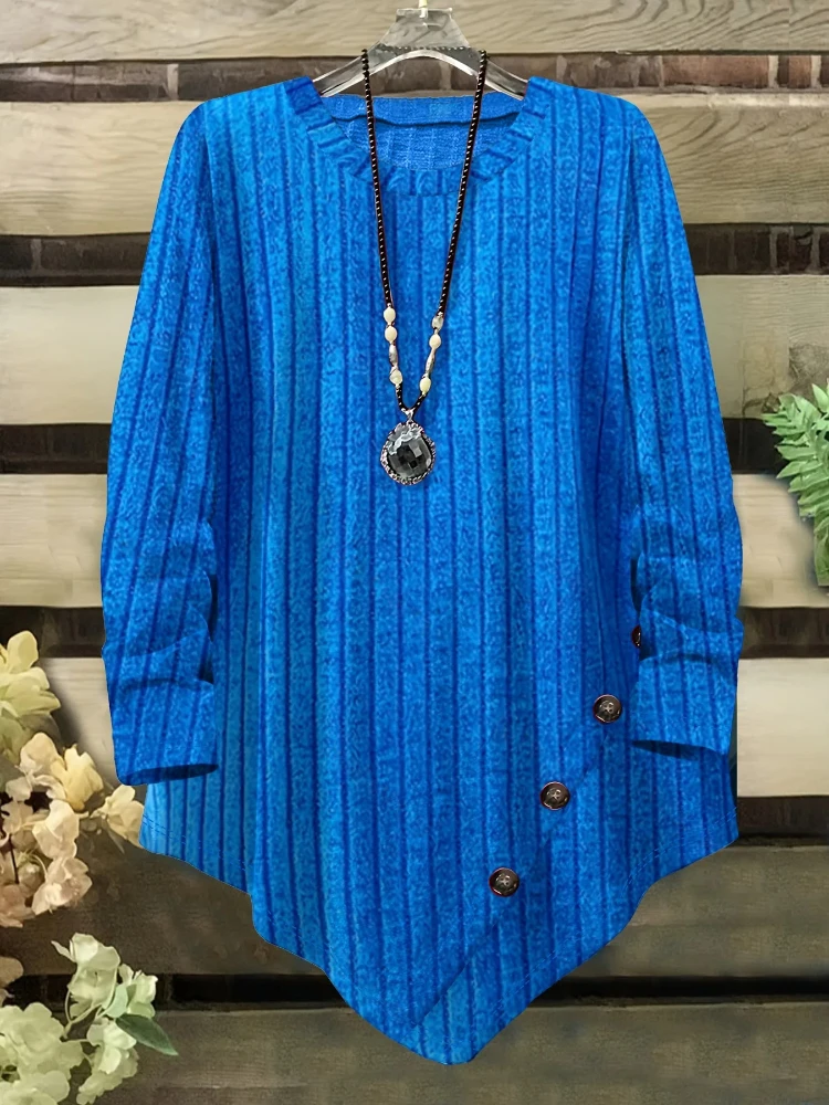Women Vertical Stripe Long Sleeve Top Round Neck Irregular Hem Button Decor Loose Casual Ladies Blouse
