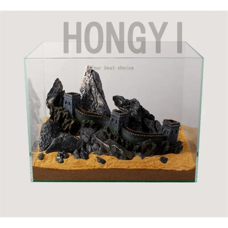 HONGYI 1 piece fish tank ornament aquarium landscaping the Great Wall rockery chinese style crafts decoration S L size