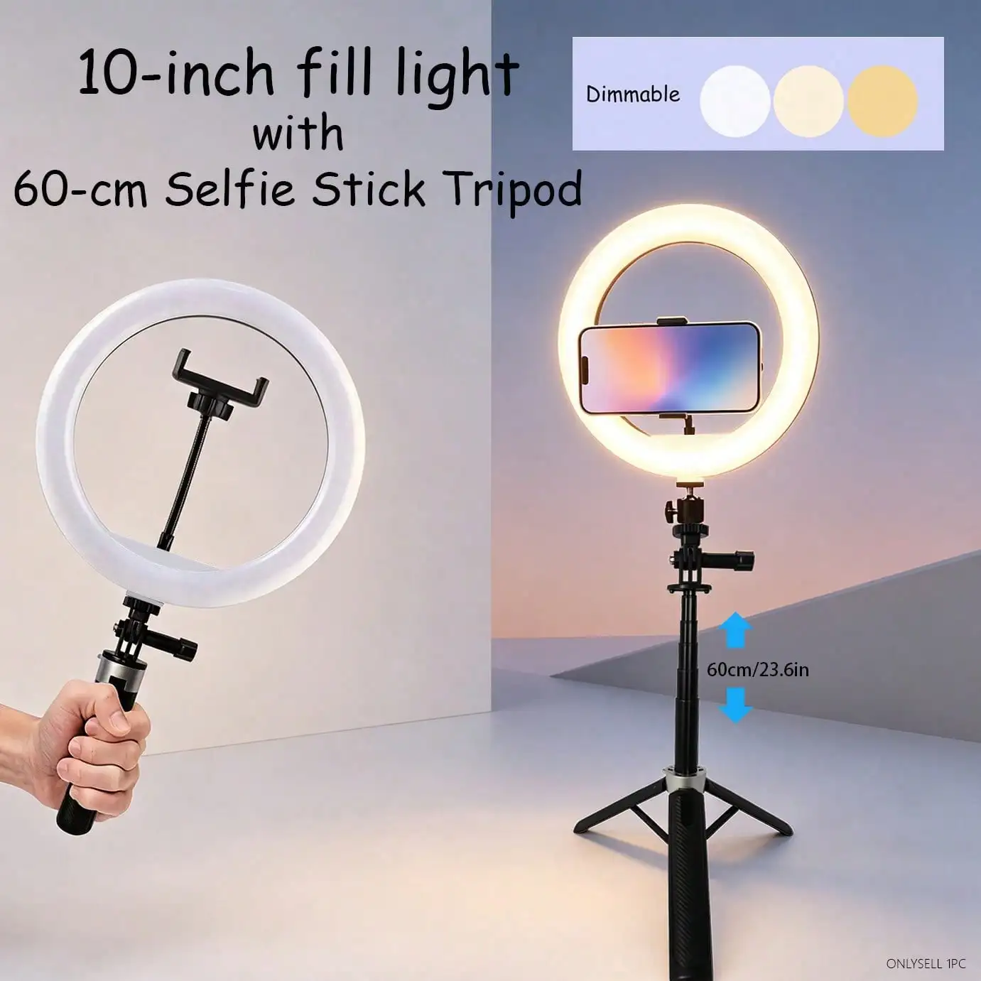 Aro de Luz LED Regulable de 10 Pulgadas con Trípode y Palo Selfie de 60 cm, Temperatura de Tres Colores Ajustable, Ideal para Transmisiones en Vivo