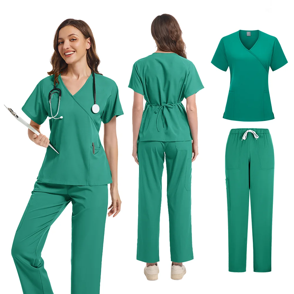 Medical Scrubs ชุดพยาบาลเครื่องแบบผู้หญิงชุดผ่าตัด V คอกระเป๋าด้านบน + กางเกงโรงพยาบาลคลินิกทันตกรรม Doctor Workwear ชุดสปา