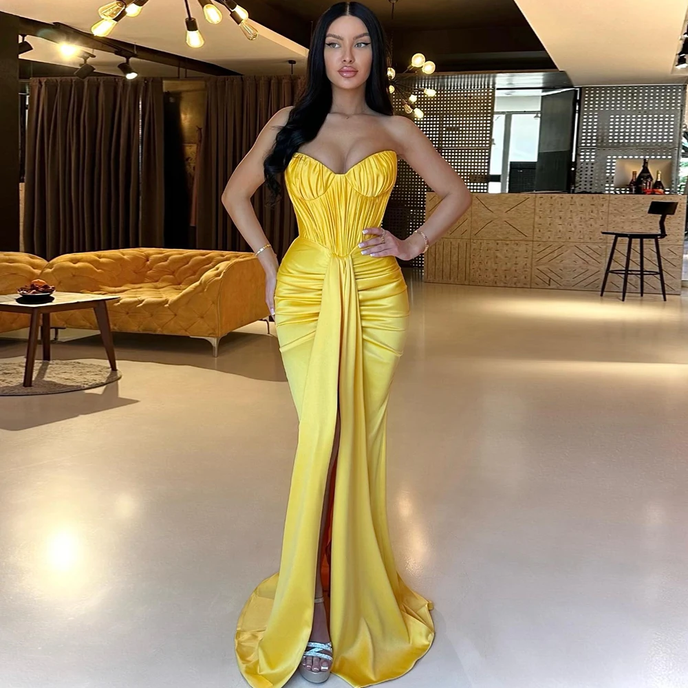 

Simple Satin Evening Dresses 2024 Sweetheart Sleeveless Prom Occasion Gowns Pleat Floor Length High Slit Mermaid فساتين السهرة