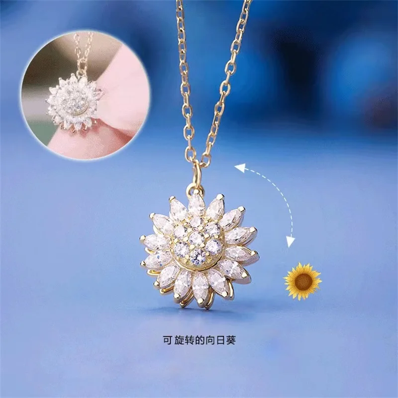 Fashion Festival Sunflower Necklace Women's Double-layer Rotable Hope Flower Pendant Personalized Versatile Necklace Chain Gift