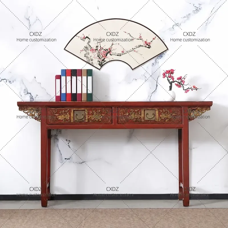 Ming Qing Style Solid Wood Carved Desk Antique Chinese Storage Cabinet Classical Entryway Console Table with Drawers for