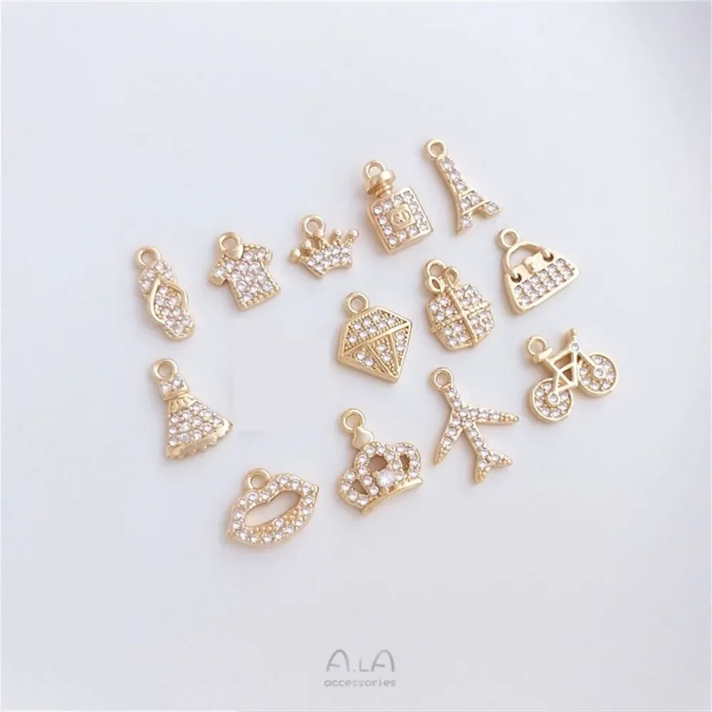 

14K package gold micro-set zirconia girl travel series small charm bag perfume skirt crown diy pendant