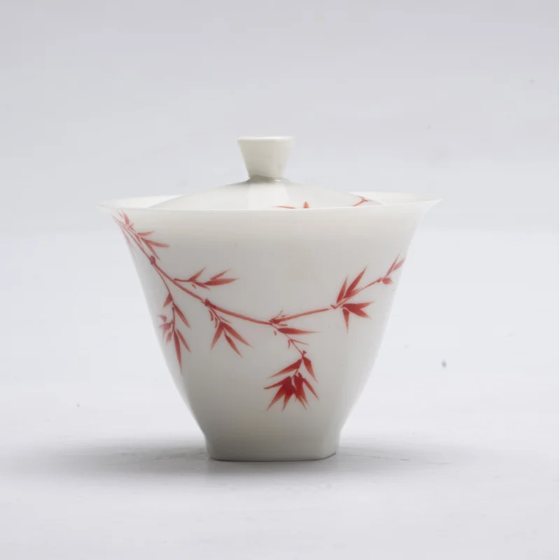 

Jade Clay Hand-Painted Gaiwan, Pig Oil White Antique Red Bamboo Ercai , Ceramic Household Tea Brewing Bowl