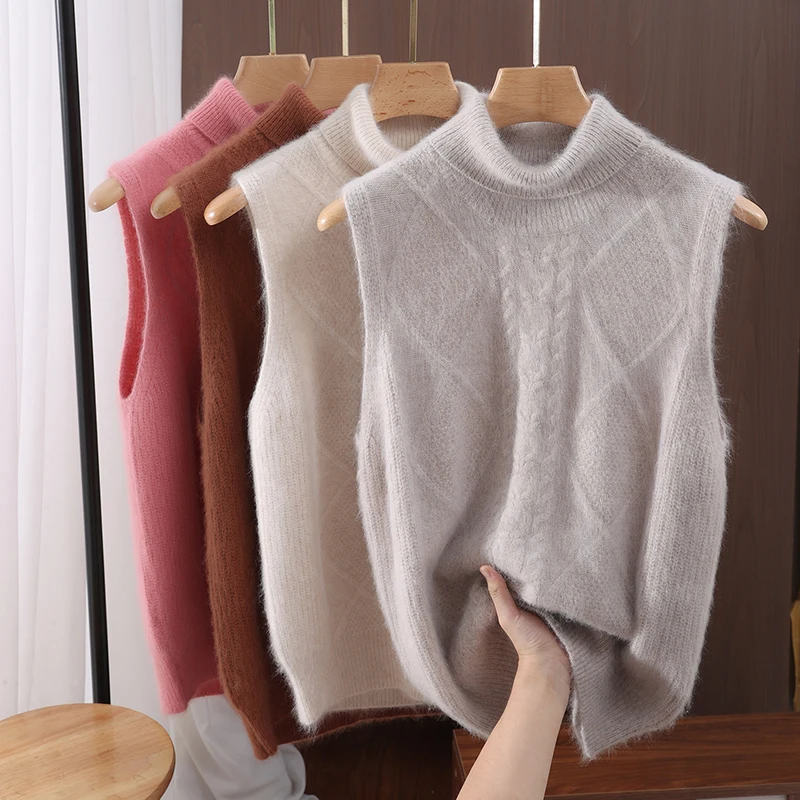 

Women Mink Cashmere Sweater Autumn Winter Sleeveless Turtleneck PCable Knitting Soft Warm 100% Mink Cashmere Knitwear Top