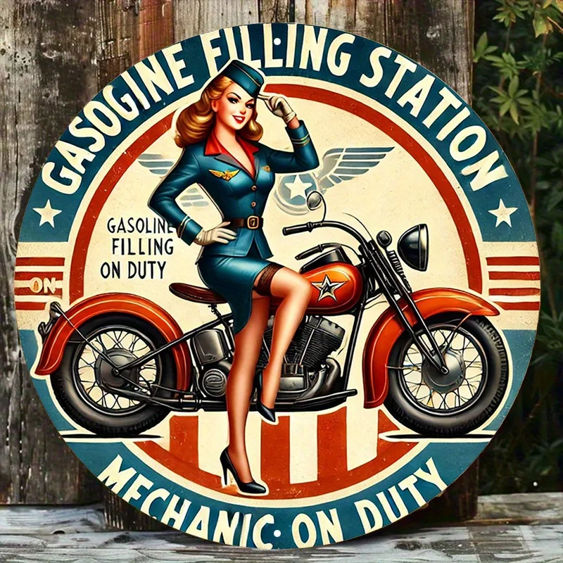 1 Stück Metall-Blechschild mit Vintage-Motorrad- und Tankstelle-Motiv – Wandkunst-Dekor aus Aluminium mit Retro-Sexy-Mechanik-Design für die Garage,