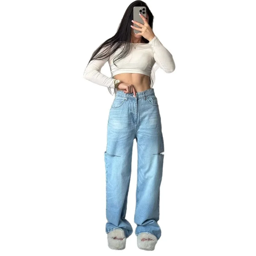 สไตล์อเมริกันRetro Light Blueล้างลายสก๊อตสาวเอวสูงหลวมSlimming FrayedความยาวกางเกงMomกางเกงยีนส์