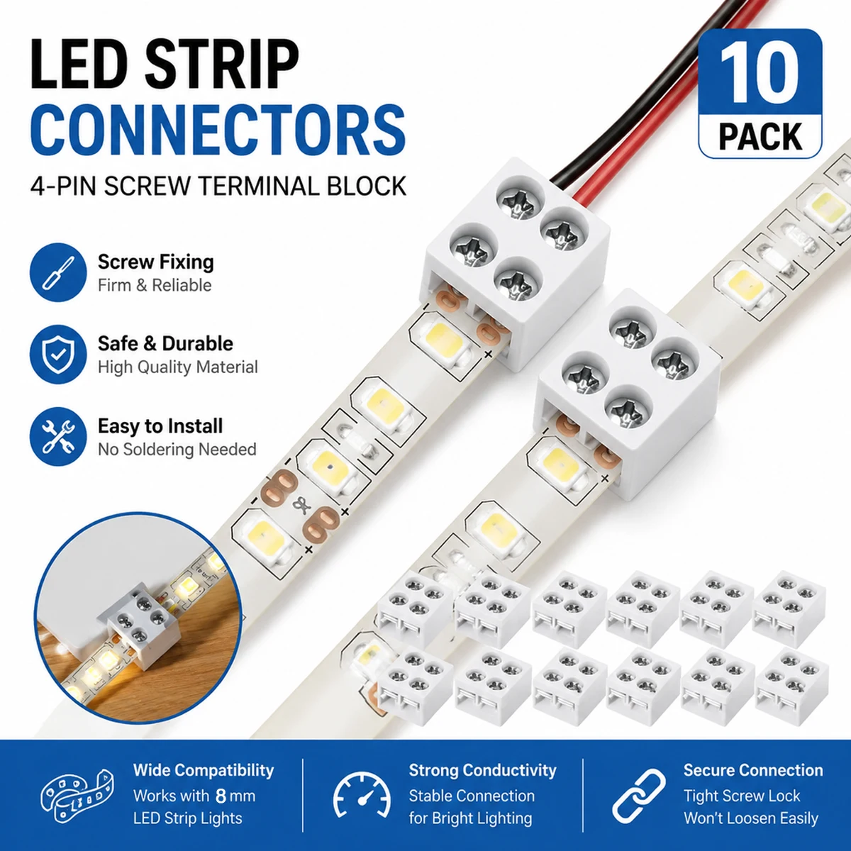 10 Pcs LED Light Strip Connectors 8mm Sturdy LED Connector User-Friendly LED Connecting Versatile LED Strip Light Connectors
