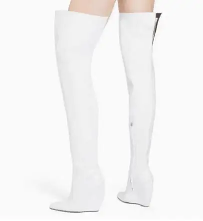 Burgundy Glossy Patent Leather Wedges Over The Knee Boots Pointed Toe Stretch Thigh High Boots Women Fashion Runway Footwear
