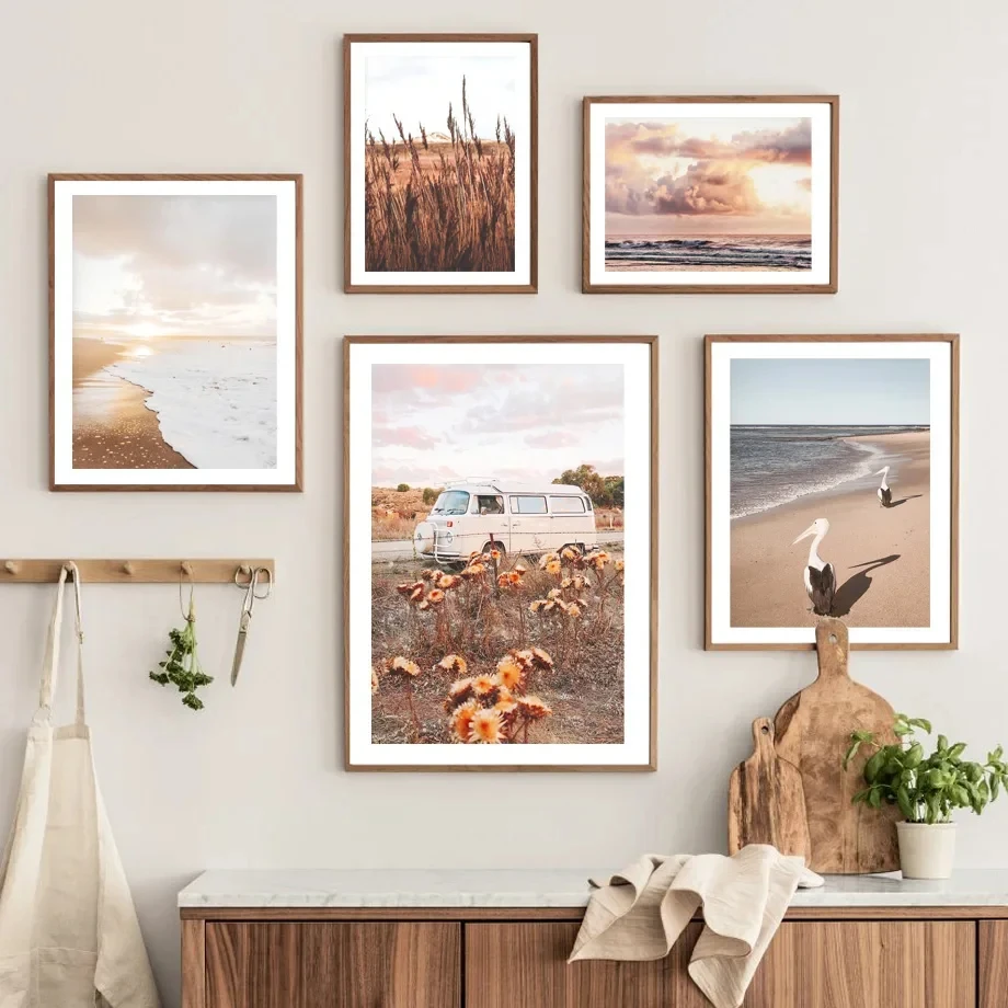Wall Art Canvas Painting Beach Sea Sunset Clouds Horse Reed Path Nordic Posters and Prints Fall Pictures for Living Room Decor