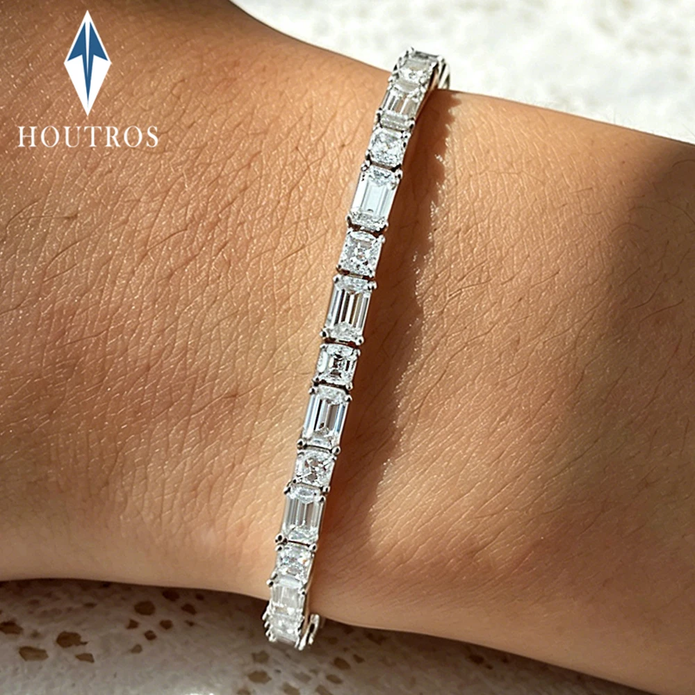 

Emerald Asscher Full Moissanite Diamond Bracelet 18k White Gold Plated Bracelet Anniversary Gift for Women Wedding Party Jewelry
