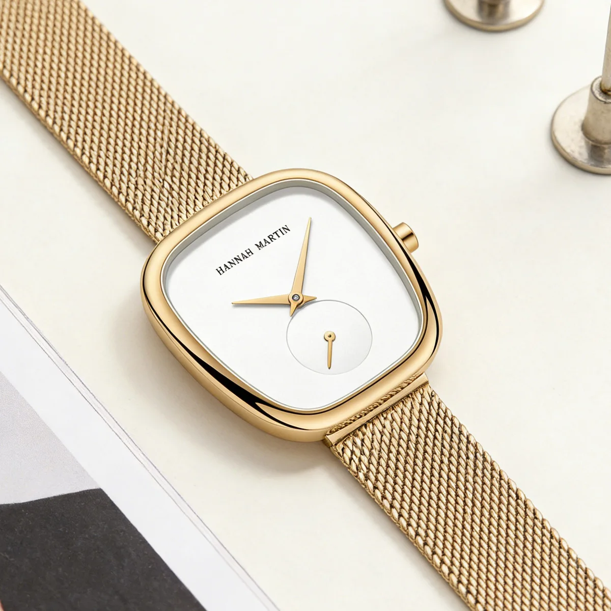 US Local Shipping Women's Watch Oval Rose Gold Case 34mm White Minimalist Dial Original Clock Quartz Movement, Creative Sub Dial, Stainless Steel Mesh Belt, Daily Matching, Work Commuting, Women Jewelry Watch