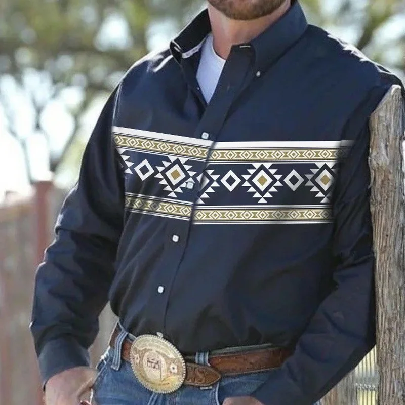 

New Men's Western Denim Culture Retro Trend 3D Printed Long-sleeved Shirt Men's Business Casual 6XL Large Size Vacation Top