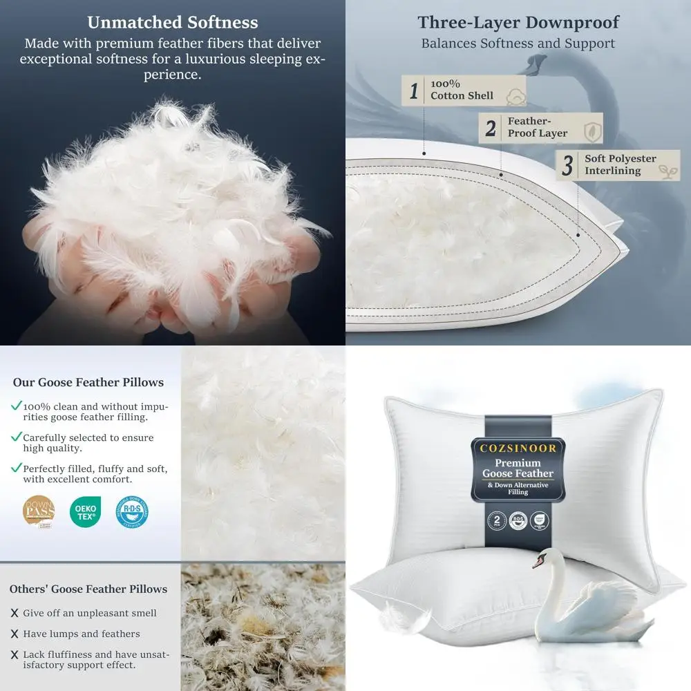 

King Size Goose Feather Pillows Set - 2 Pack, Premium Down Alternative, 600 Thread Count Cotton, Ideal for All Sleep Positions