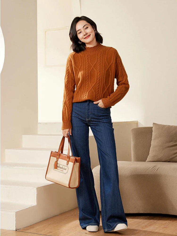 Women's Autumn Winter Mock Neck Pullover Cashmere Sweater Casual Loose Style 100% Merino Wool Knitwear Cable Knit Soft Warm Tops