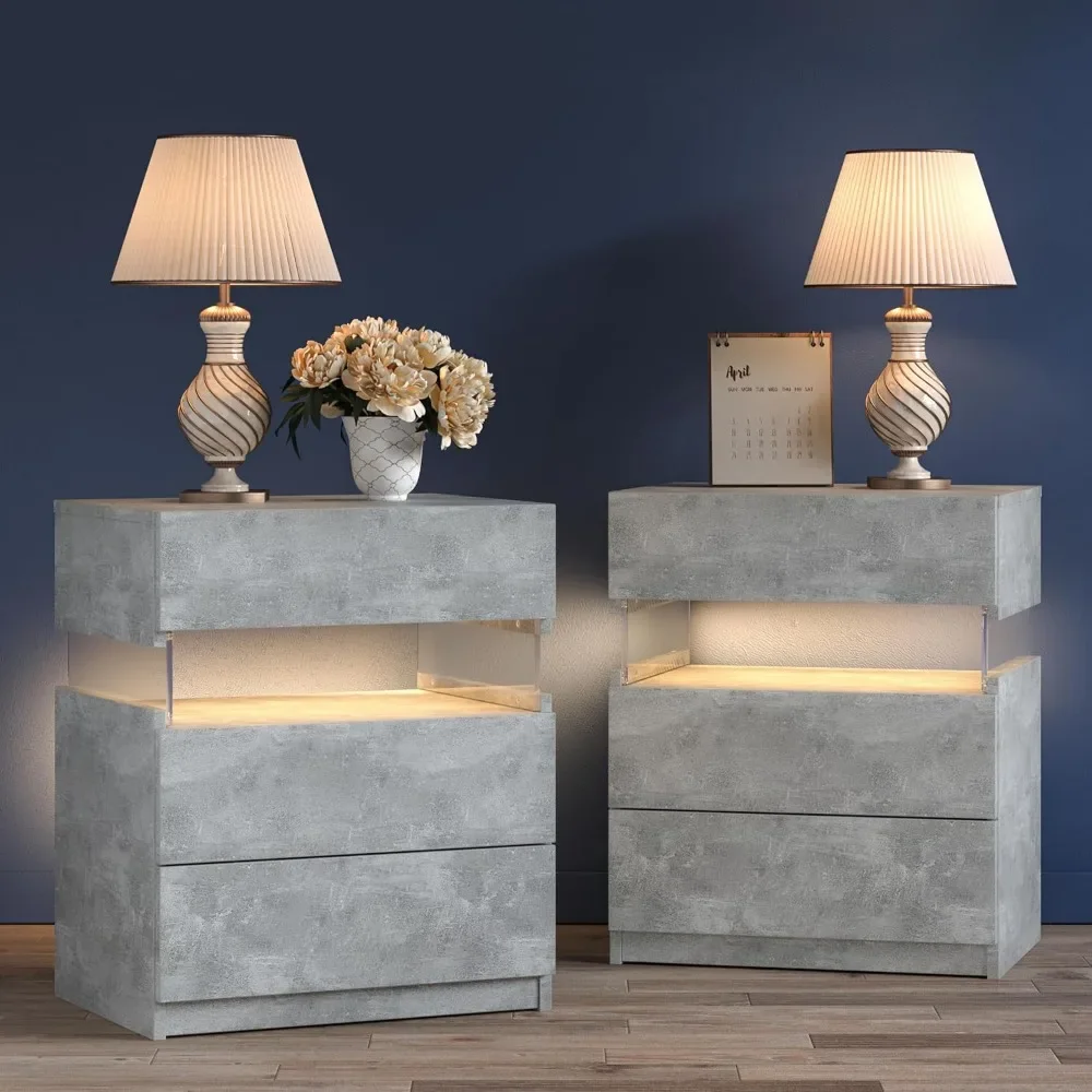 Nightstands Set of 2 Bedside Tables with 3 Drawers LED Night Stand for Bedroom