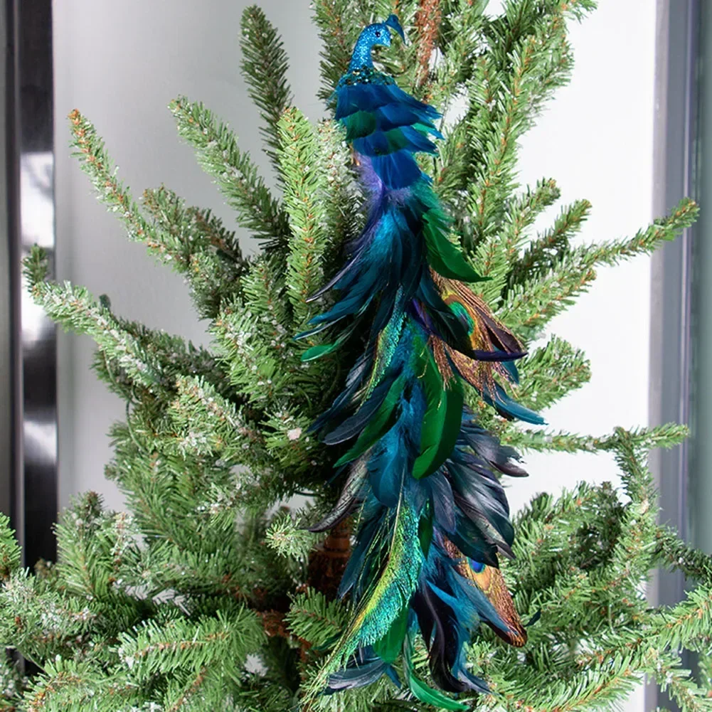 Adornos de plumas de pavo real Artificial, simulación de cola larga de Navidad, pájaros, colgante de árbol de Navidad, decoración del hogar para fiesta de boda