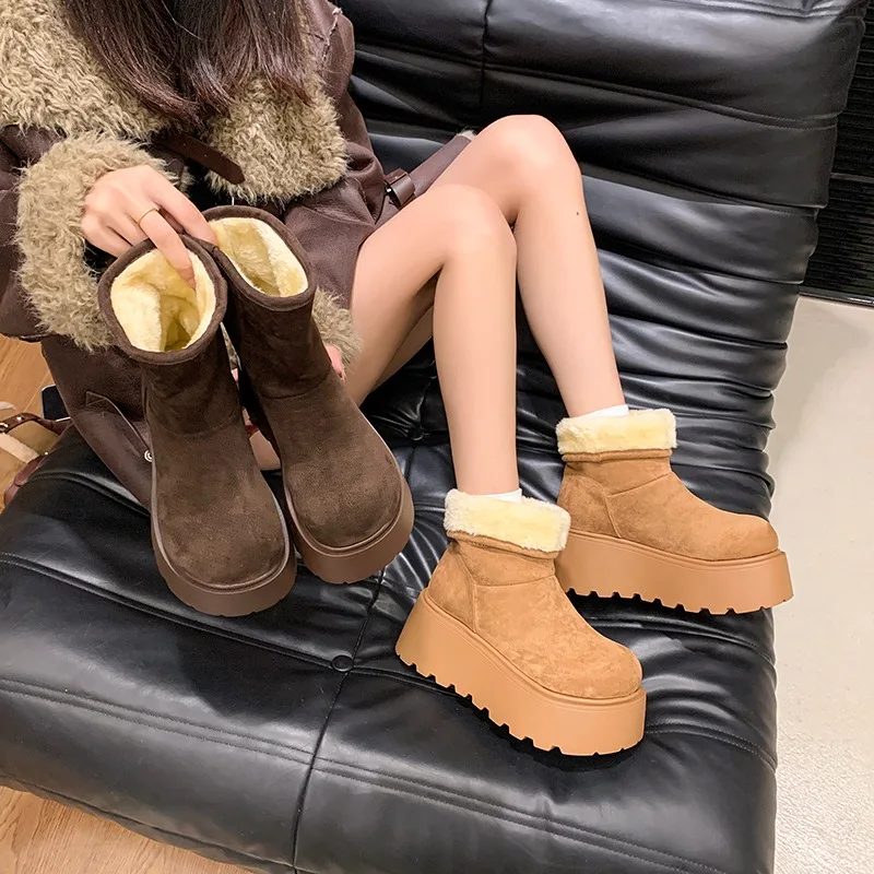 Women's Snow Ankle Boots Suede Mid Heel Cotton Shoes Cropped Plush Casual Boots Fashionable Winter Thermal Boots Botas De Mujer