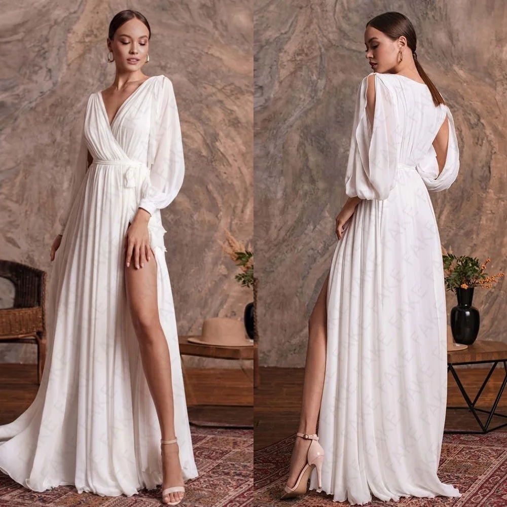 

Customized Temperament White Chiffon Bridal Gowns Temperament V-neck Long Sleeves Wedding Dresses Chapel Train Ruched Dress