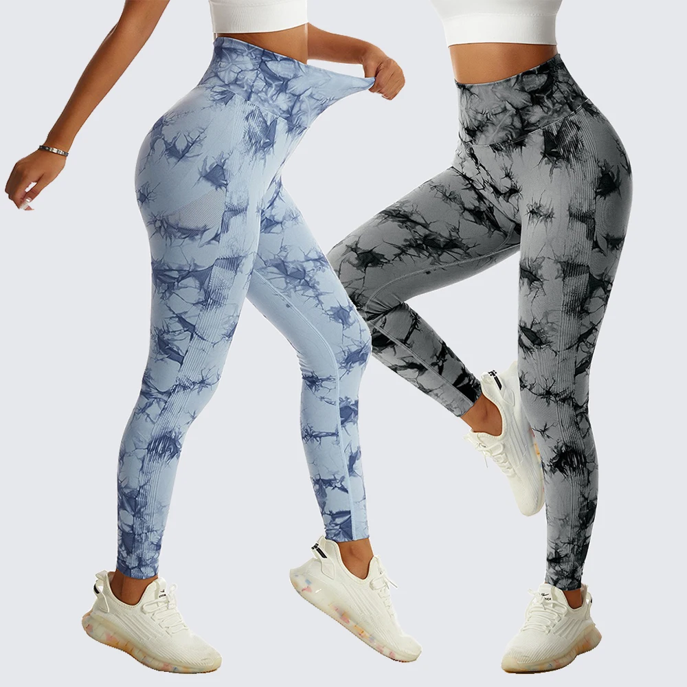 Krawat Dye legginsy siłownia joga spodnie damskie bezszwowe wysoki stan Push Up sportowe Leggins Fitness marmur Scrunch Butt trening tyłek rajstopy