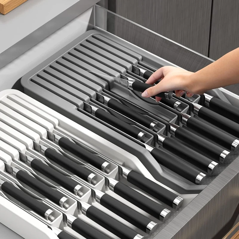 Knife Holder, In Drawer Knife Block Holder With Expandable Cutlery Tray Kitchen Drawer Organizer Insert-Holds 11 Knive Durable