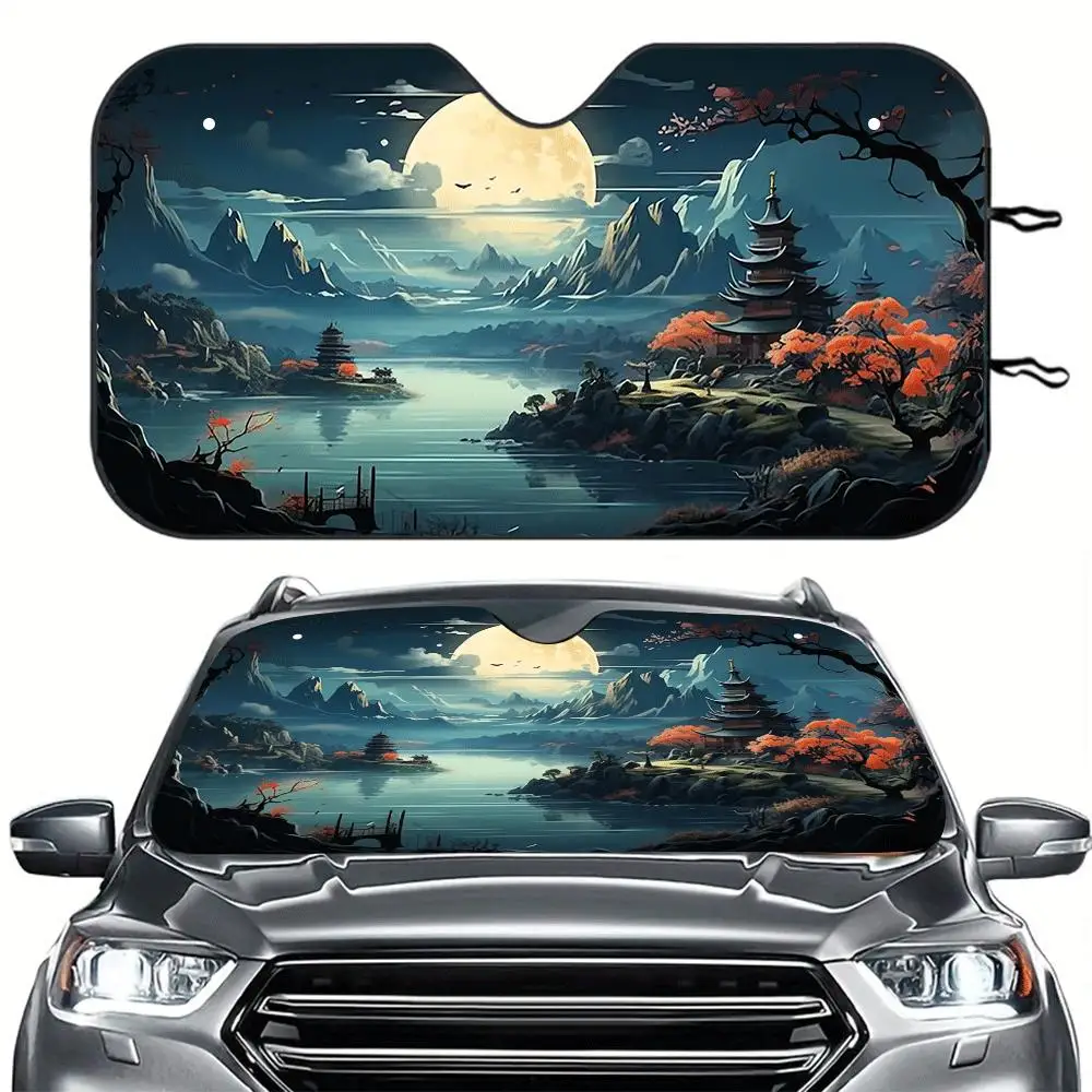 Moon 1pc, Vehicle Windshield Sunshade, Measuring 57.09×27.56 Inches, Rollable, Made Of Polyester Fiber, Collapsible, Suitable Fo