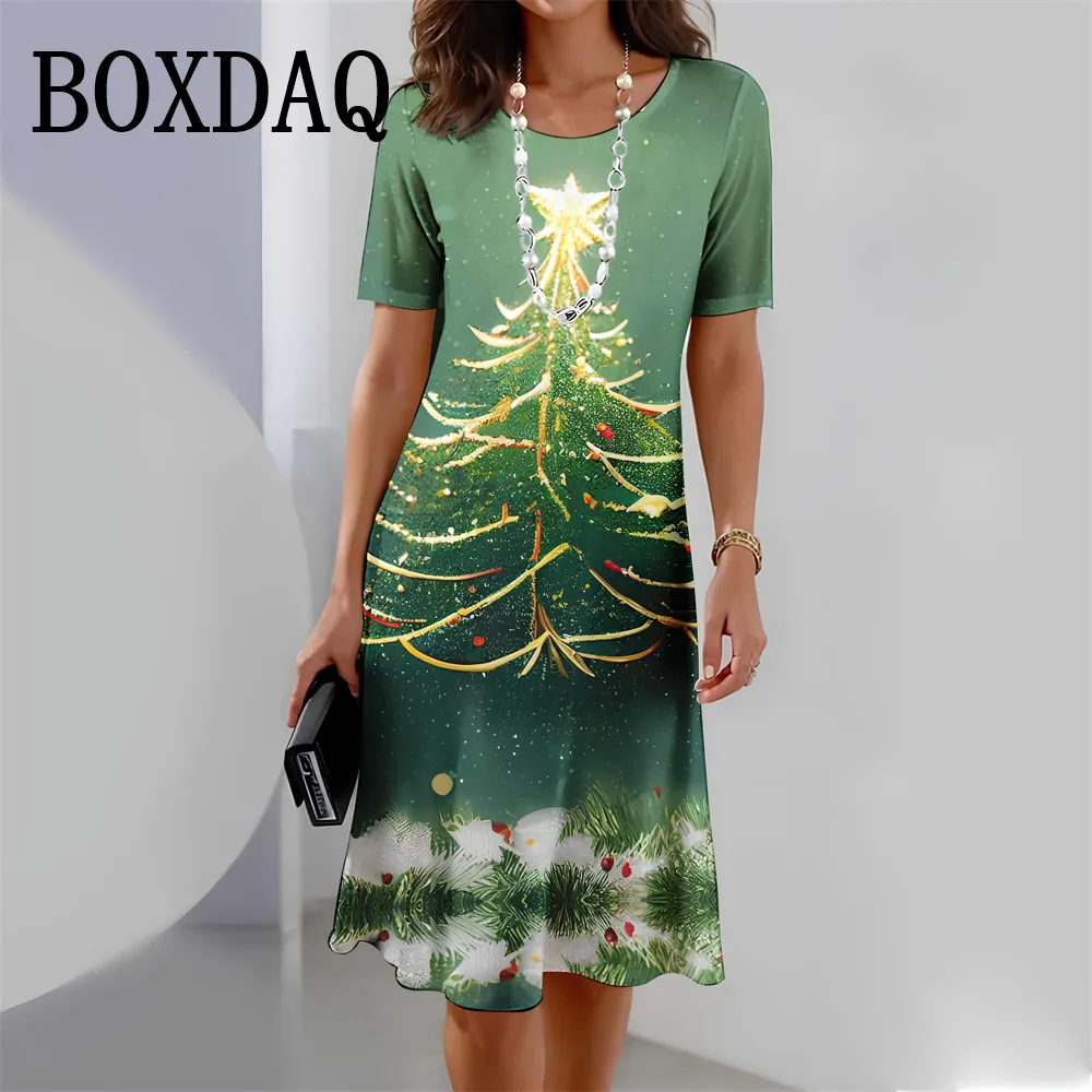 Christmas Tree Print Women Party Dress Casual Women Evening Dress Summer Fashion Loose Ladies Mini Dress Festival Famale Clothes