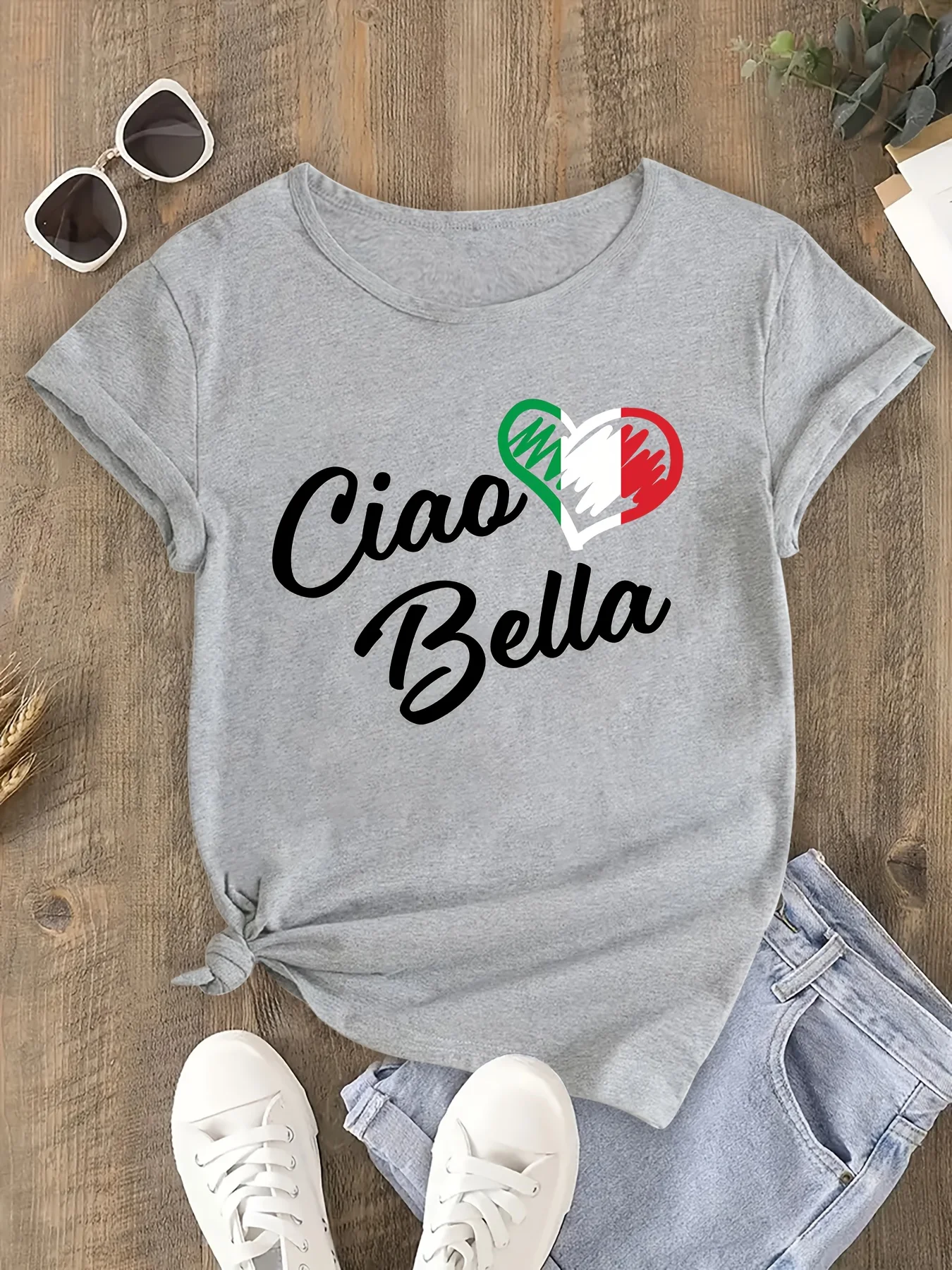 Italian Flag Heart Ciao Bella Print Italian-Themed Summer Top with Italian Flag Colors Harajuku Sleeve Casual Aesthetic Clothes