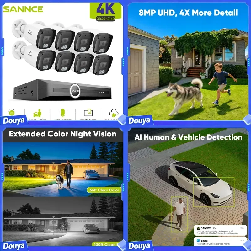 SANNCE 8MP PoE Security Camera Outdoor, IP67 8CH NVR with 2.8mm 4K Bullet Cameras, H.265 Built-in Mic, AI Human Vehicle