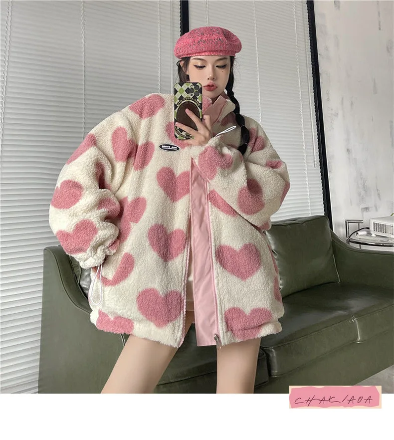 

Зимняя двусторонняя плюшевая куртка Love Lamb с воротником-стойкой на молнии, бархатная теплая хлопковая одежда, модная повседневная куртка Y2K
