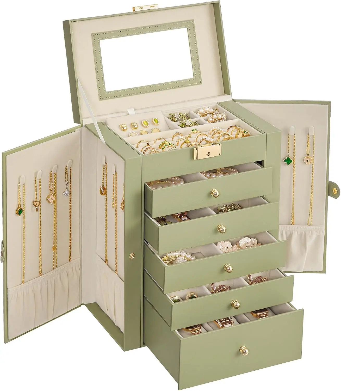 Jewelry Box Organizer, 6-Layer with 5 Drawers, Sage Green | Jewelry Storage Case with Lock and Mirror, Large Storage Capacity, for Necklaces, Watches, Gift for Loved Ones UJBC152CE01S