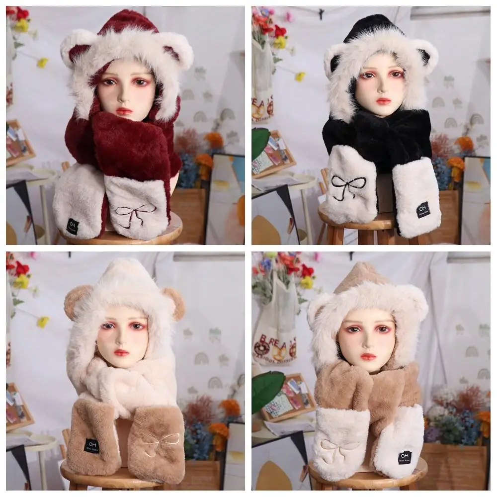 Collo caldo Orecchie da orso carino Cappello di peluche Cartone animato Ricamo Arco Sciarpa Cappello Guanto per le donne Paraorecchie Casual Sciarpa pelosa Cap Set Ragazza