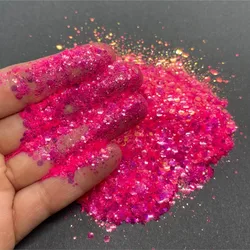 50g Hot Pink Iridescent Chunky Glitter Powder Ultra-thin Mix Hexagon Neon Nail Sequins Sparkle Nail Art UV Polish SuppliesGH43