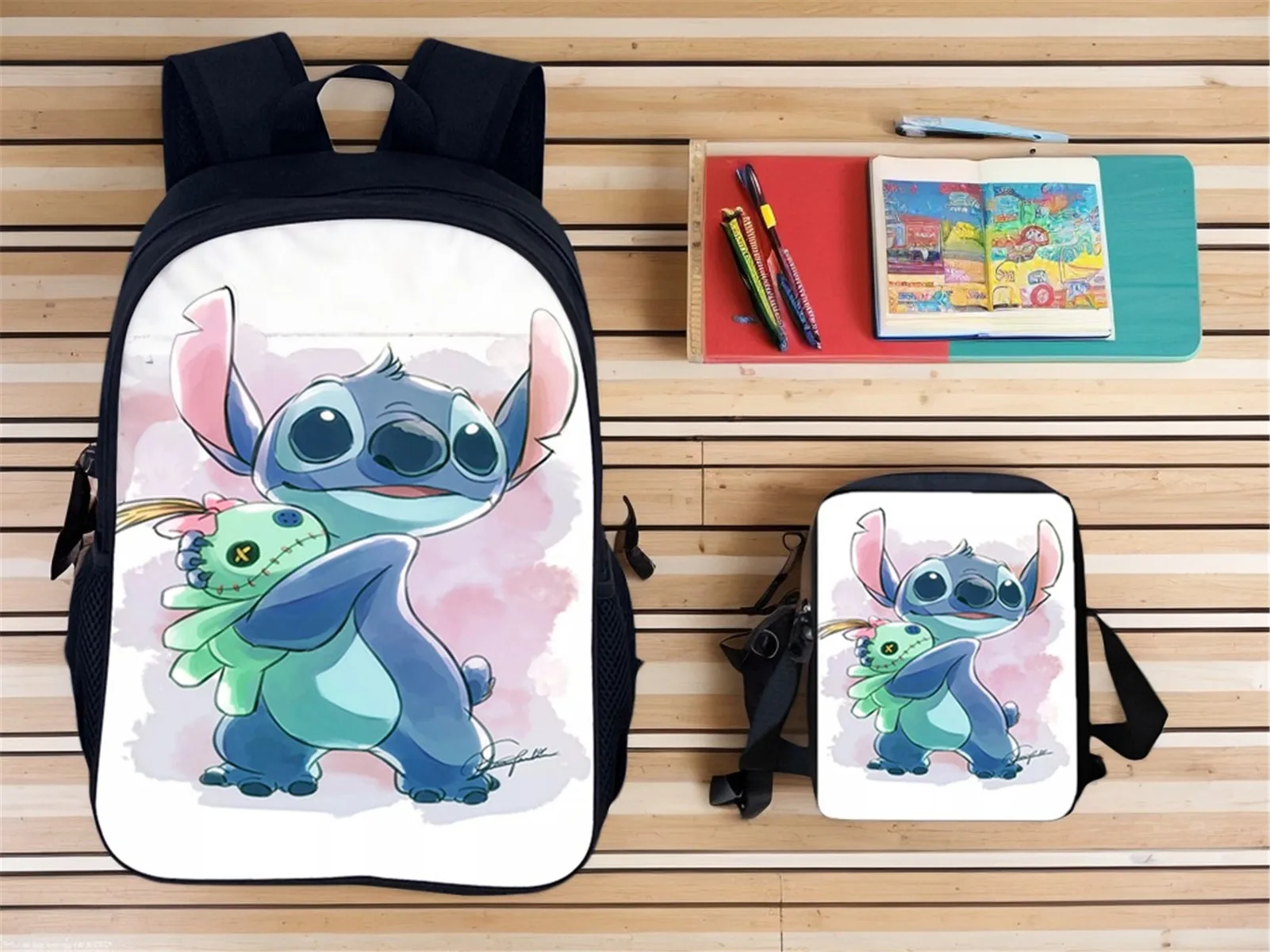 Unisex Boy Girl Stitch School Bookbag Trendy Rucksack,Disney Canvas Backpack+Shoulder Bag 2Pcs Set