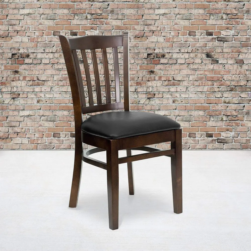 

2 Pack HERCULES Series Vertical Slat Back Walnut Wood Restaurant Chair Black Vinyl Seat