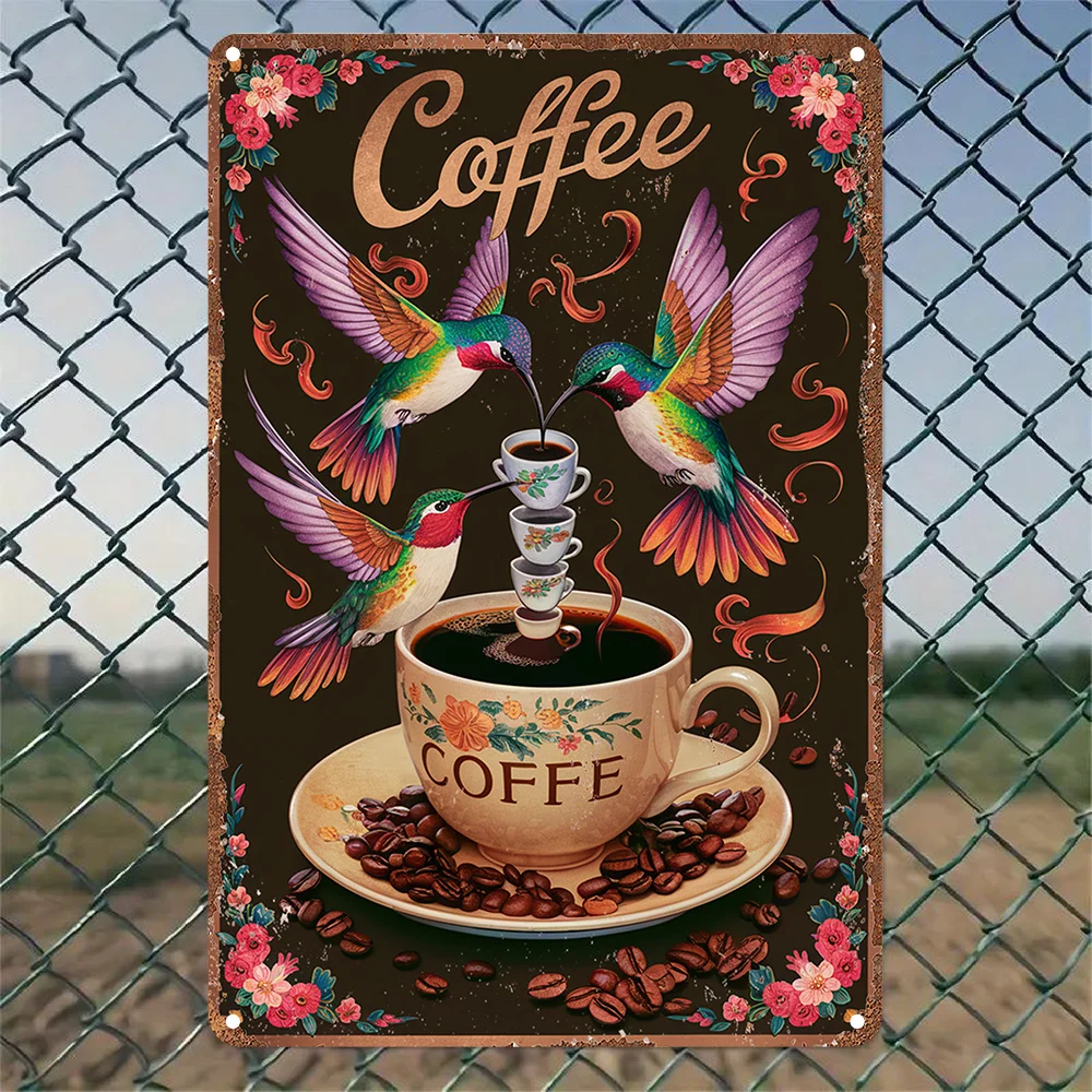 2D Flat Vintage Hummingbird Coffee Wall Art,Office Decor, Featuring Colorful Hummingbirds Sipping Coffee, Perfect for Room Decor