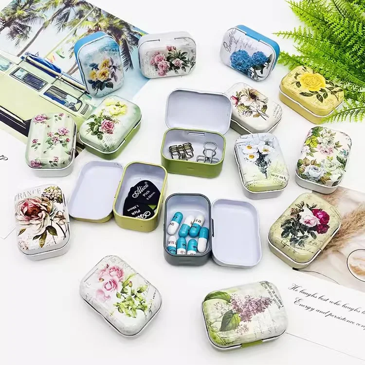 32Pcs(1 Box)   Flower Chewing Gum DIY Mini Cover Iron Tin Earphone Ring Metal Case / Pill Cute Small Kit/Candy Storage Gift Box