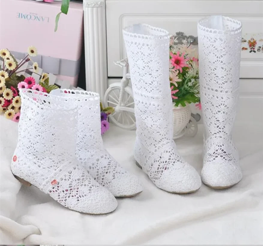 

Summer women's elegant and fashionable lace hollow high boots, knitted yarn mesh shoes, low top flat bottom breathable boots 41