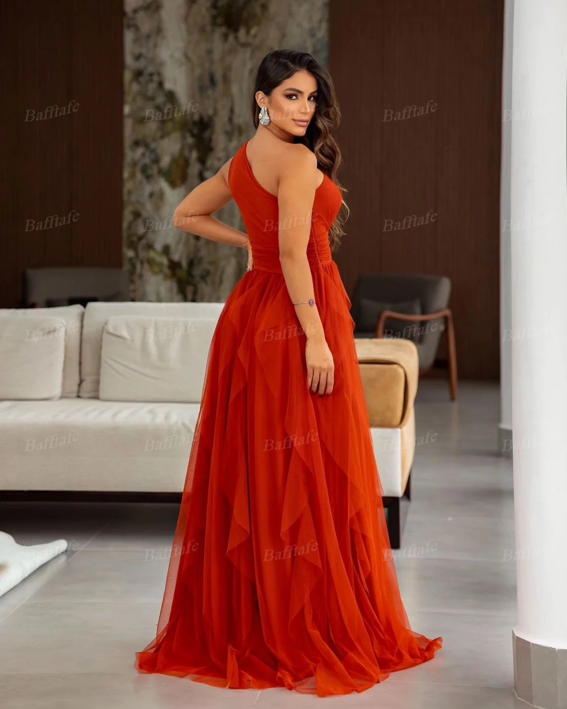 Bafftafe Orange Prom Dresses Ruffle Tulle One Shoulder Customized Women Bridesmaid Dress Special Evening Formal Party Gowns