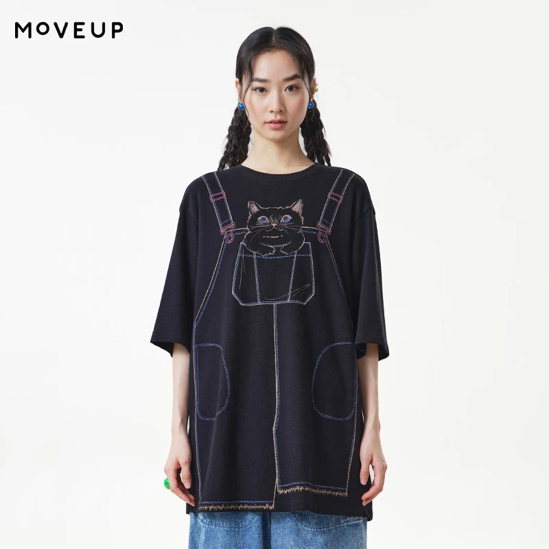 MOVEUP Women's 100% Cotton Crew Neck Midi T-Shirts 2026 Cartoon Cat Print Short Sleeve Loose Casual Mid Length Tees 3ELQ10513